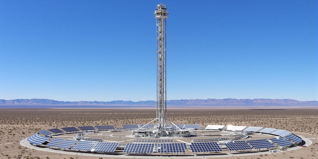 Tour solaire majestueuse sous ciel bleu, désert chilien.