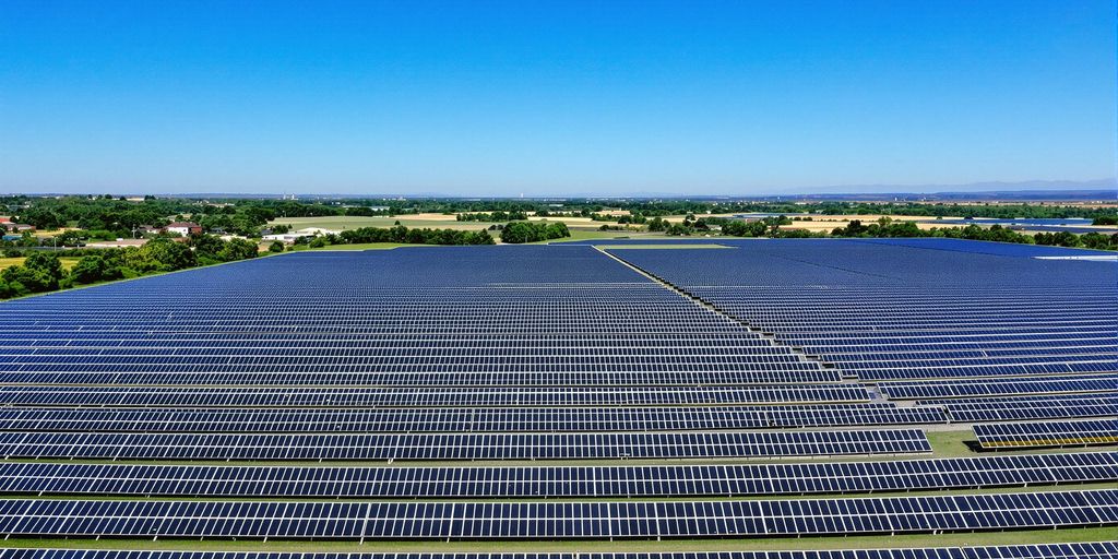 Vue aérienne ferme solaire, ciel bleu