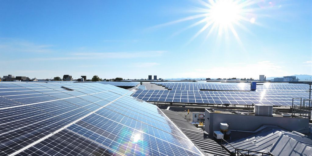 Panneaux solaires sous un ciel bleu éclatant.