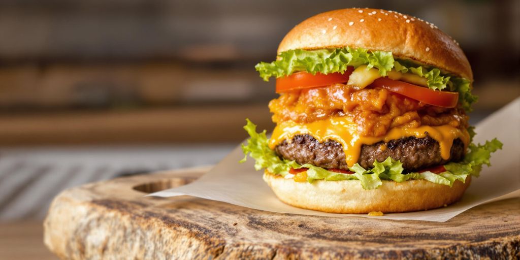 Burger savoureux à la viande juteuse et légumes frais.