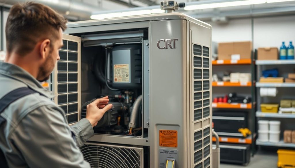 A meticulously detailed image of a freestanding air conditioning unit undergoing routine maintenance. The foreground depicts a technician examining the unit, dressed in a clean uniform and safety gear. The middle ground showcases the inner workings of the appliance, with panels removed to reveal the compressor, coils, and filters. The background features a well-lit, organized workshop setting, complete with shelves of spare parts and tools. The lighting is soft and even, highlighting the technical precision of the scene. The overall atmosphere conveys a sense of professionalism and attention to detail, reflecting the importance of proper HVAC maintenance.