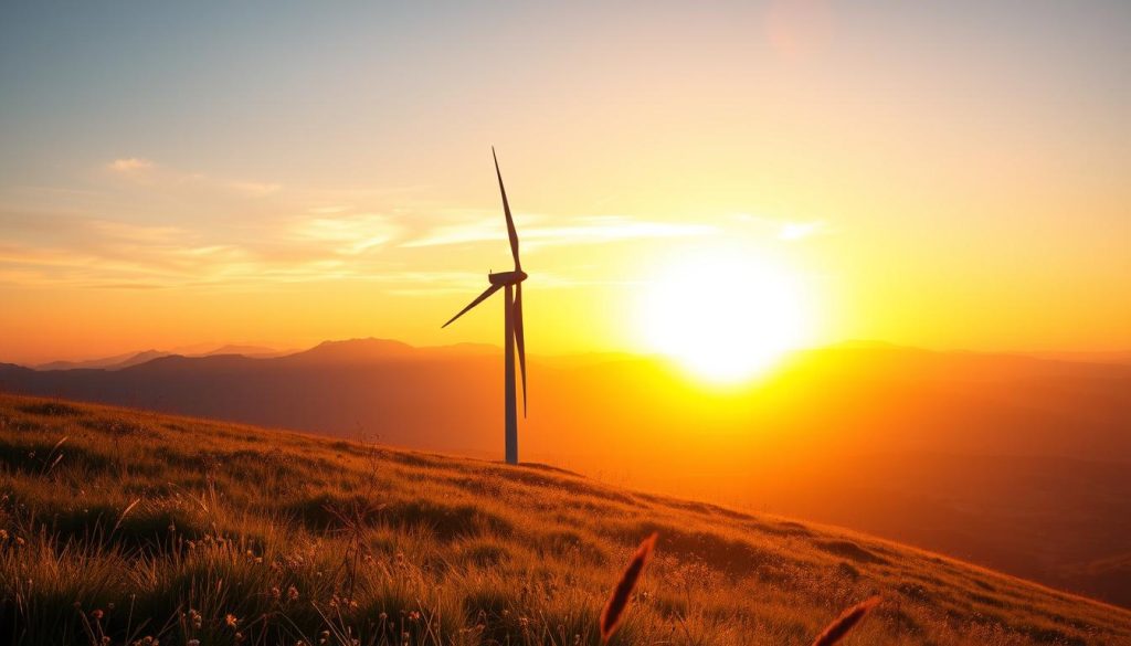 A serene wind turbine silhouetted against a vibrant sunset sky, its blades gracefully slicing through the air. The foreground features a lush, rolling hillside, dotted with wildflowers and swaying grasses. In the middle ground, the towering wind turbine stands tall, its sleek, modern design harnessing the power of the wind. The background showcases a breathtaking landscape, with distant mountains and a warm, golden glow illuminating the scene. The lighting is soft and diffused, creating a sense of tranquility and natural harmony. The image conveys the beauty and efficiency of wind power, highlighting its potential to provide sustainable energy and reduce reliance on fossil fuels.