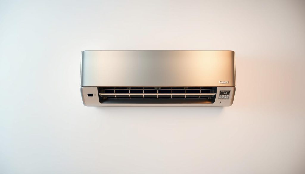 A sleek, modern monobloc air conditioner unit prominently displayed against a clean, minimalist background. The device is rendered in a polished, metallic finish that reflects the surrounding lighting, creating a sense of high-quality and attention to detail. The foreground focuses on the unit's control panel and air vents, showcasing the technical aspects that contribute to its overall price. The middle ground features a simple, uncluttered setting, perhaps a modern office or residential space, allowing the air conditioner to be the central focus. The lighting is soft and diffused, creating a warm, inviting atmosphere that highlights the unit's premium aesthetic. The overall composition conveys the notion of a high-end, efficient climate control solution worthy of its market price.