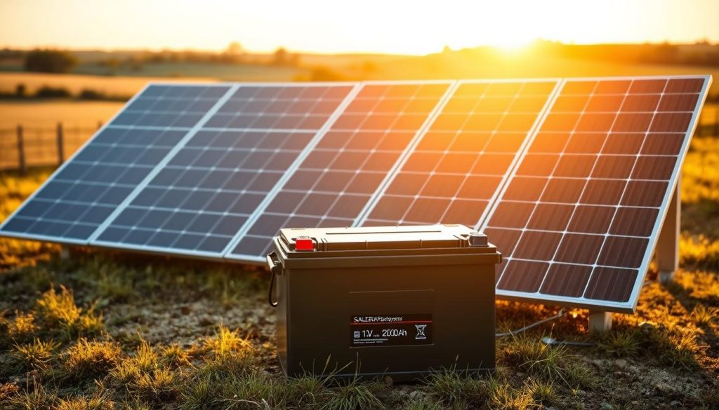 A sleek, modern solar panel setup situated in a picturesque rural landscape, bathed in warm, golden afternoon sunlight. The panels are arranged in a clean, symmetrical layout, their glossy black surfaces reflecting the surrounding countryside. In the foreground, a 12V, 200Ah battery bank stands ready to capture the day's solar harvest, its sturdy casing complementing the panels' streamlined design. The scene conveys a sense of efficiency and self-sufficiency, hinting at the panel's ability to fully recharge the battery in a single day's time.