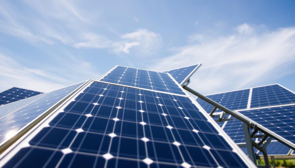 A solar panel array arranged in an optimal orientation, positioned at an angle to maximize power generation. The panels are mounted on sturdy metal frames, their surfaces gleaming in the bright sunlight. The background features a clear blue sky with a few wispy clouds, creating a serene and tranquil atmosphere. The lighting is natural and directional, casting subtle shadows that accentuate the panels' contours. The camera angle is slightly elevated, providing a comprehensive view of the setup and creating a sense of scale and perspective. The overall impression is one of efficiency, reliability, and environmental friendliness, perfectly suited to illustrate the "Recharge in Optimal Conditions" scenario.