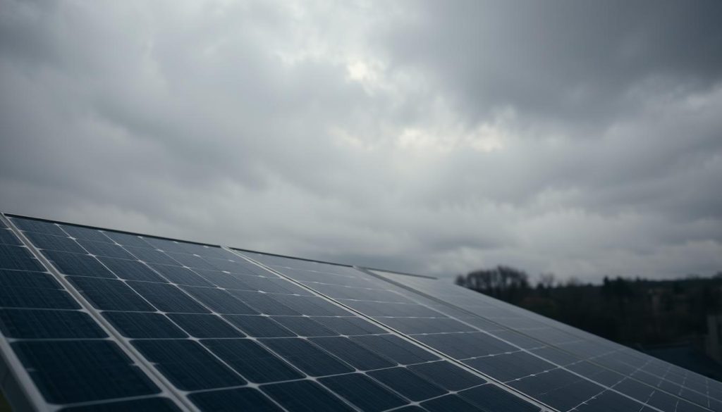 A solar panel installation set against a dreary, overcast sky, with clouds looming overhead. The panels are angled to capture the diffuse, ambient light filtering through the thick cloud cover. The background features a muted, moody landscape, with trees or buildings in the distance suggesting a residential or commercial setting. The foreground showcases the solar panels, their surfaces slightly damp from light rainfall, demonstrating their ability to generate power even in less-than-ideal weather conditions. The overall scene conveys a sense of resilience and adaptability, highlighting the potential for solar energy to thrive in a variety of meteorological environments.