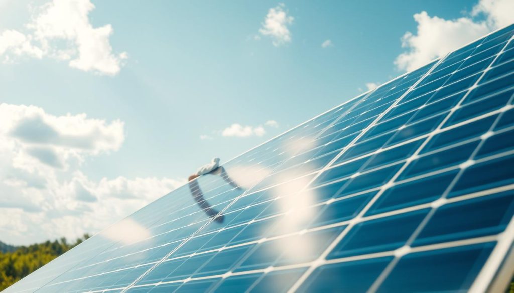 A well-maintained solar installation, set against a bright, diffuse sky. In the foreground, a technician carefully inspects the photovoltaic panels, wiping away dust and debris with a soft cloth. The middle ground showcases the sleek, modern design of the mounting system, angled to optimize energy capture. In the background, a verdant landscape frames the scene, hinting at the renewable, eco-friendly nature of this solar setup. Warm, natural lighting filters through scattered clouds, creating a serene, inviting atmosphere. The image conveys the importance of regular maintenance for reliable, efficient solar power generation, even in the absence of direct sunlight.