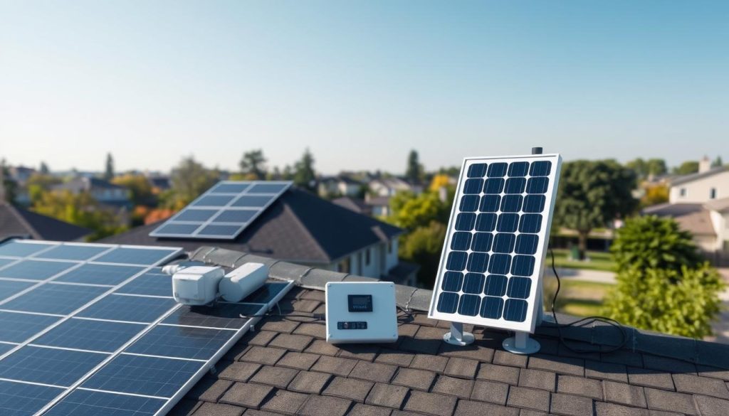 Comparison of a traditional solar panel installation and a plug-and-play solar system. In the foreground, showcase a traditional rooftop solar array with multiple panels, inverters, and wiring. In the middle ground, display a simplified plug-and-play solar unit with a single compact panel and minimal setup. The background should feature a serene suburban landscape with homes, trees, and a clear blue sky. Utilize realistic lighting, shadows, and perspective to convey the scale and differences between the two solar solutions. Depict the plug-and-play system as a sleek, modern alternative to the more complex traditional installation.