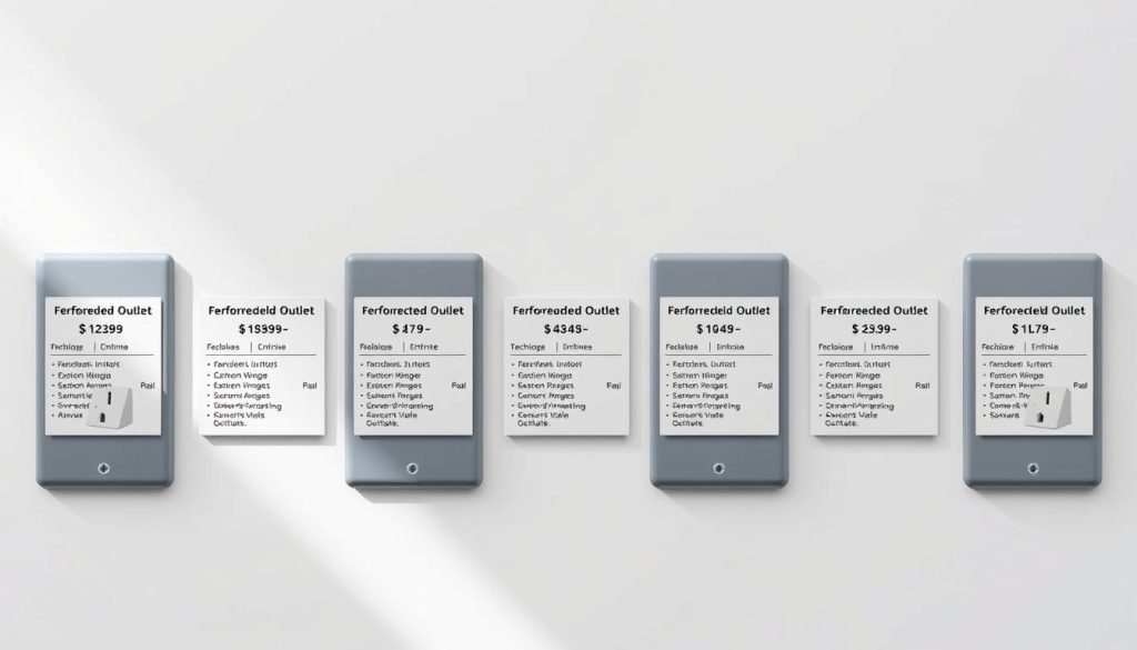 Detailed comparison of five reinforced outlet installation quotes, showcased in a clean, professional layout. The scene depicts five identically-sized rectangular panels arranged in a row, each showcasing a unique price estimate, technical specifications, and visual representation of the reinforced outlet. The panels are displayed against a minimalist background, with subtle grid lines or dividers to distinguish the individual quotes. Lighting is soft and even, creating a sense of clarity and focus on the key details. The overall mood is informative and data-driven, suitable for an article on securing intensive electrical usage. Detailed comparison of five reinforced outlet installation quotes, showcased in a clean, professional layout. The scene depicts five identically-sized rectangular panels arranged in a row, each showcasing a unique price estimate, technical specifications, and visual representation of the reinforced outlet. The panels are displayed against a minimalist background, with subtle grid lines or dividers to distinguish the individual quotes. Lighting is soft and even, creating a sense of clarity and focus on the key details. The overall mood is informative and data-driven, suitable for an article on securing intensive electrical usage.