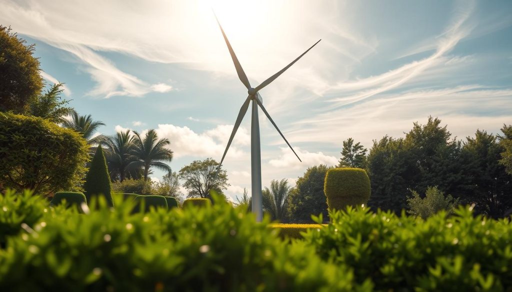 Domestic wind turbine, a sleek and modern design standing prominently in a lush green garden. The turbine's blades gracefully spin, harnessing the power of the gentle breeze. Sunlight filters through wispy clouds, casting a warm glow over the scene. In the foreground, a well-manicured lawn and neatly trimmed shrubs frame the turbine, creating a harmonious and visually appealing composition. The turbine's metallic body reflects the surrounding environment, seamlessly blending into the natural setting. The overall mood is one of efficiency, sustainability, and a connection to the natural world, perfectly capturing the essence of a domestic wind turbine.
