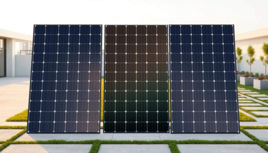 Photorealistic, high-quality image of bifacial solar panels in a clean, modern setting. In the foreground, two bifacial solar panels stand upright, their sleek black frames and shimmering glass surfaces catching the warm, natural lighting. The middle ground features a minimalist, contemporary outdoor space with a tidy lawn and well-placed paving stones. In the background, a subtle cityscape or natural landscape provides a complementary backdrop, hinting at the panels' versatility in various environments. The scene conveys a sense of efficiency, sustainability, and technological sophistication, aligning with the "plug and play" concept and the types of solar panels featured in the article section.