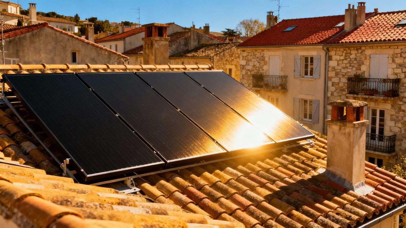Panneaux solaires sur un toit français ensoleillé.