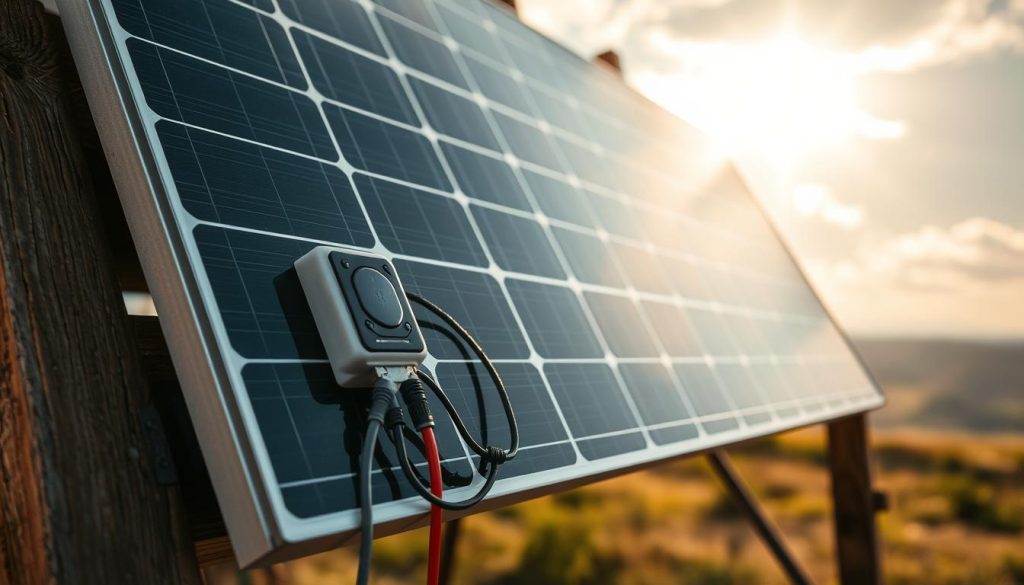 A close-up view of a solar panel connection, showcasing the intricate wiring and junction box. The panel is mounted on a sturdy, weathered frame, casting soft shadows across the surface. Sunlight filters through wispy clouds, creating a warm, natural ambiance. The background blurs into a serene landscape, hinting at the panel's integration with the surrounding environment. The composition emphasizes the technical aspects of the connection, providing a clear, detailed illustration of the process. Careful attention is paid to the textures, materials, and precise arrangement of the components, capturing the essence of a properly integrated solar panel system.