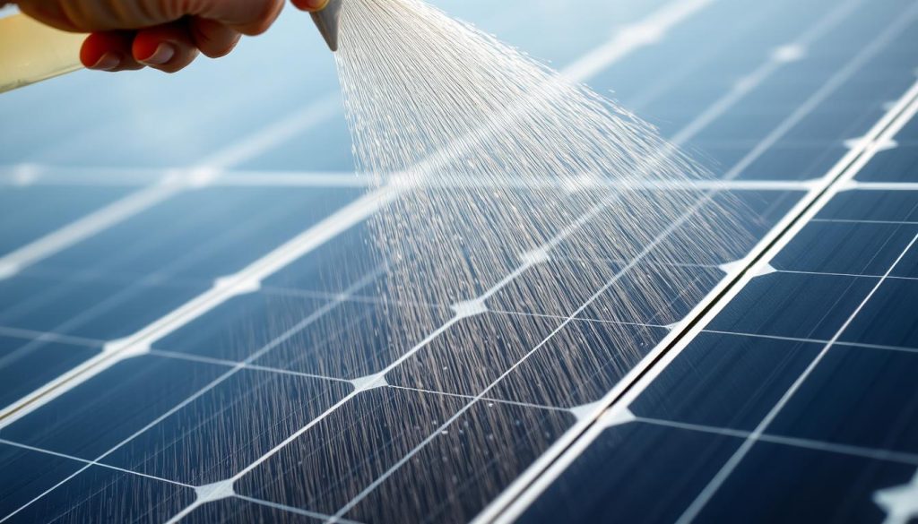 A close-up view of solar panels being sprayed with a liquid solution, creating a sense of cleansing and revitalization. The panels are illuminated by soft, diffused lighting, casting gentle shadows that accentuate their surfaces. The foreground is in sharp focus, while the background is subtly blurred, directing the viewer's attention to the act of application. The scene conveys a sense of care and attention to detail, with the solution being applied in a controlled and methodical manner. The overall mood is one of environmental consciousness and responsible maintenance of renewable energy sources.