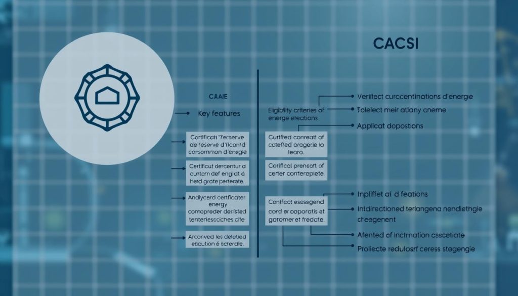 A detailed technical diagram contrasting the CRAE (Certificat de Réserve d'Autoconsommation d'Énergie) and CACSI (Certificat d'Économies d'Énergie) schemes. In the foreground, two distinct icons or symbols representing each certificate, rendered in a clean, minimalist style with precise geometric shapes and crisp, high-contrast lines. In the middle ground, a series of concise textual callouts and annotations comparing the key features, eligibility criteria, and applications of the two energy certificates. The background is a softly blurred grid or matrix, providing a sense of structured organization without distracting from the central comparison. The overall mood is informative and analytical, with a technical, engineering-inspired aesthetic that aligns with the subject matter.