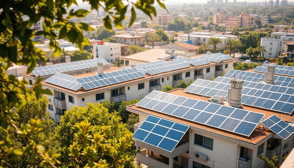 A group of apartment buildings with solar panels installed on their rooftops, forming a collective energy network. The scene depicts a sunny urban landscape, with trees and greenery in the foreground, and the buildings in the middle ground. The solar panels are clearly visible, arranged in a grid-like pattern, casting a warm glow across the scene. The atmosphere is one of community and sustainability, with the residents working together to generate and share their own renewable energy. The camera angle is slightly elevated, providing a comprehensive view of the collective solar installation. The lighting is natural and diffused, creating a sense of harmony and tranquility.