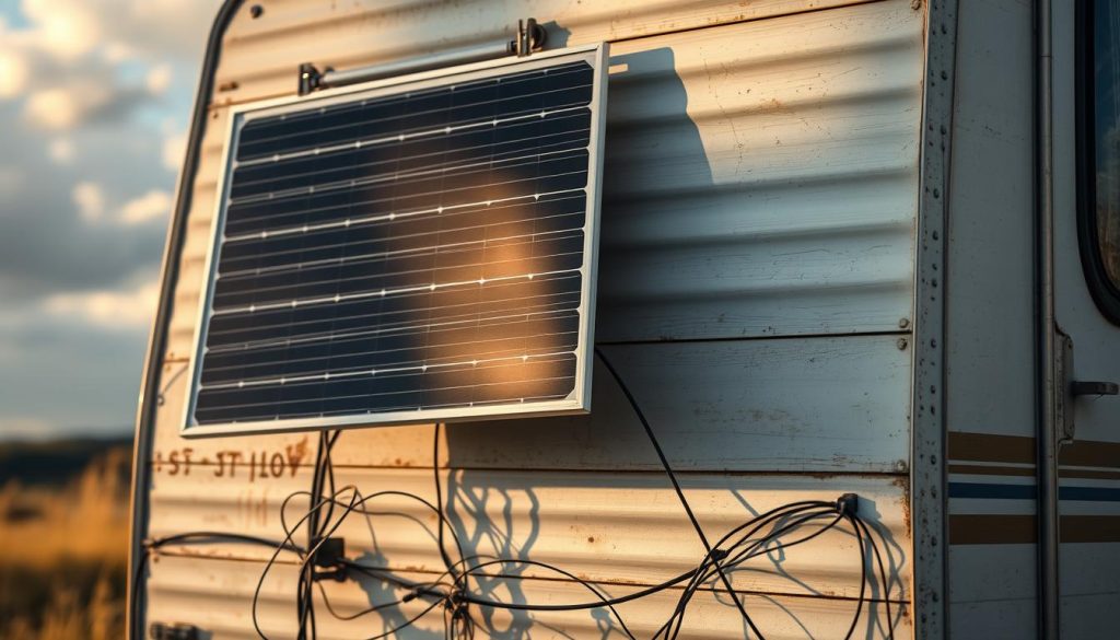 A haphazardly mounted solar panel on the side of a dilapidated caravan, casting uneven shadows across the weathered exterior. The panel is angled awkwardly, not optimized for maximum sun exposure. In the foreground, tangled wires and poorly secured connections hint at an amateurish installation. The background is blurred, drawing the eye to the central focus - the flawed solar panel setup, a cautionary tale of what not to do. Soft, golden light filters through clouds, creating a sense of missed opportunity and underperformance. The overall scene conveys a message of caution and the importance of proper solar panel installation for a caravan.