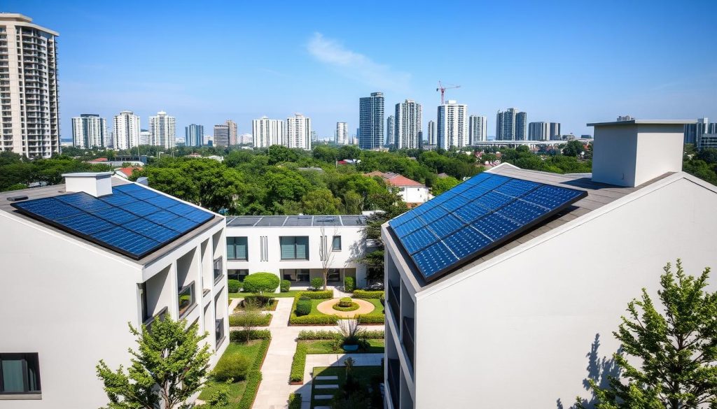 A minimalist and modern residential building set in a serene urban landscape. The foreground features a rooftop solar panel installation, its sleek black panels seamlessly integrated into the building's architecture. The middle ground showcases a well-maintained garden courtyard, with lush greenery and a tranquil water feature. In the background, a cityscape of high-rise buildings and a clear blue sky create a sense of urban sophistication. The lighting is soft and natural, casting gentle shadows that accentuate the clean lines and textures of the architectural elements. The overall atmosphere conveys a sense of sustainable, community-focused living.