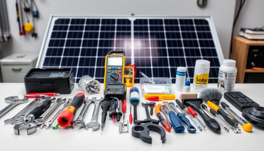 A neatly organized solar maintenance kit displayed on a clean, well-lit workbench. In the foreground, various tools and accessories such as wrenches, screwdrivers, and cleaning supplies are arranged in an aesthetically pleasing manner. The middle ground features the main components of the solar kit, including a multimeter, a solar panel cleaning brush, and a set of spare parts. The background showcases a sleek, modern solar panel, providing a subtle visual connection to the kit's purpose. The overall scene conveys a sense of efficiency, attention to detail, and a commitment to maintaining the solar system in optimal condition.