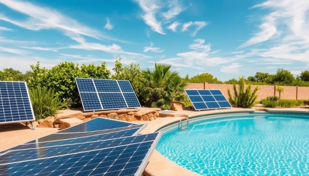 A serene backyard setting with a clear, sunlit swimming pool. In the foreground, various types of solar panels are strategically arranged around the pool's edge, their sleek, modern designs blending seamlessly with the surrounding landscape. The panels capture the sun's rays, powering the pool's filtration and heating systems. In the middle ground, lush vegetation and natural stone accents create a tranquil, eco-friendly atmosphere. The background features a clear, azure sky with wispy clouds, emphasizing the renewable energy potential of the solar-powered pool setup. The overall scene conveys a sense of sustainability, efficiency, and harmonious integration of technology with nature.