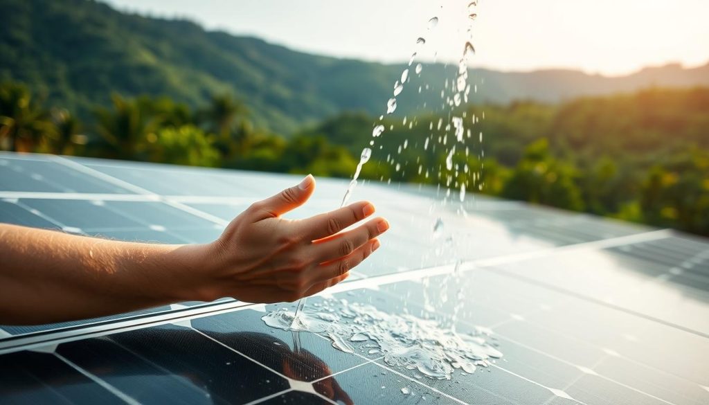 A serene outdoor scene featuring a person carefully rinsing solar panels with a gentle stream of water. The foreground showcases the person's hands delicately handling the panels, while the middle ground depicts the solar array in a state of cleanliness. The background is a lush, verdant landscape with a soft, diffused lighting that creates a tranquil atmosphere. The overall composition conveys a sense of environmentally-conscious maintenance, emphasizing the importance of thorough yet eco-friendly cleaning techniques for optimal solar panel performance.