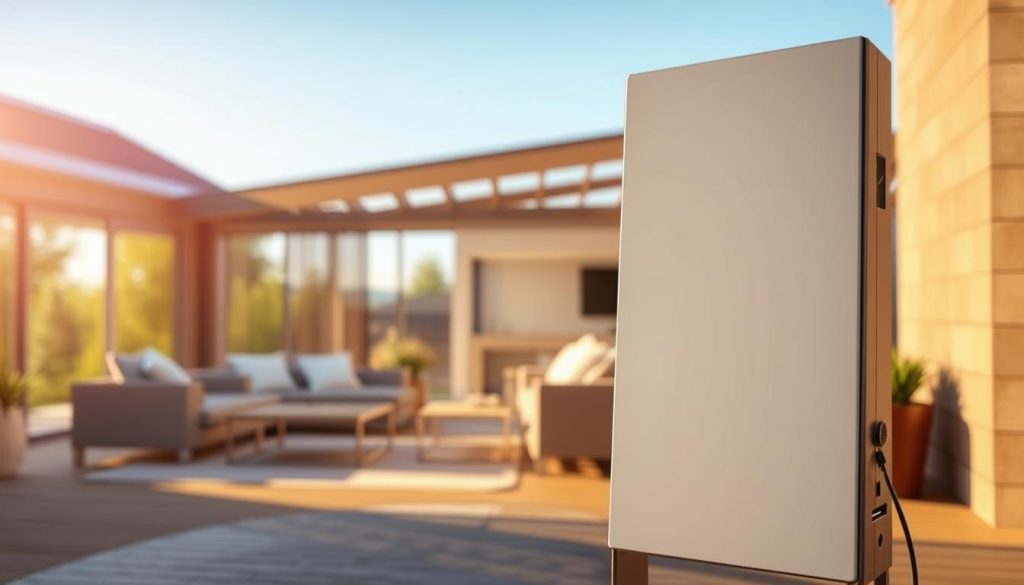 A sleek, modern solar heating unit stands prominently in the foreground, its minimalist design and clean lines reflecting a sophisticated aesthetic. The device is bathed in warm, directional lighting, casting subtle shadows that convey a sense of depth and dimensionality. In the middle ground, a cozy, well-insulated living space is visible, hinting at the efficient heat transfer and energy savings provided by the solar heater. The background features a tranquil outdoor scene, perhaps a sunny patio or a serene natural landscape, symbolizing the renewable and eco-friendly nature of this heating solution. The overall mood is one of comfort, practicality, and financial prudence, capturing the essence of the "Coût et rentabilité d'un radiateur solaire" section.