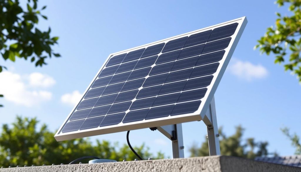 A sleek, modern solar power kit with a clean, minimalist design. The plug-and-play module features high-efficiency photovoltaic cells enclosed in a sturdy, weather-resistant casing. Positioned at a precise angle to capture maximum sunlight, the unit rests on a sturdy, adjustable mount for easy, fuss-free installation. Soft, diffused lighting illuminates the panel, highlighting its elegant silhouette against a serene, natural backdrop of lush greenery and a clear, azure sky. The overall impression conveys a sense of simplicity, efficiency, and seamless integration with the environment.