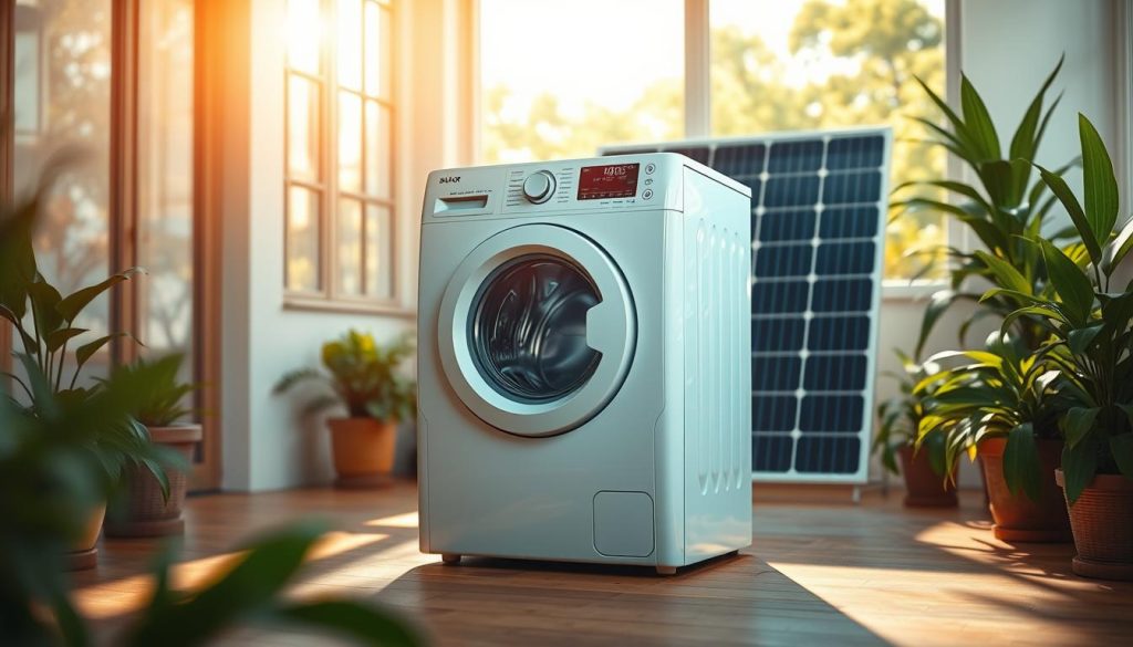 A solar-powered washing machine standing proudly in a sun-drenched room, its sleek white exterior gleaming under the warm rays. The machine is situated on a wooden floor, surrounded by plants and natural light filtering through large windows. The scene conveys a sense of sustainability and eco-friendliness, with the solar panel visible in the background, powering the machine's operation. The overall atmosphere is calm, serene, and in harmony with the natural environment.