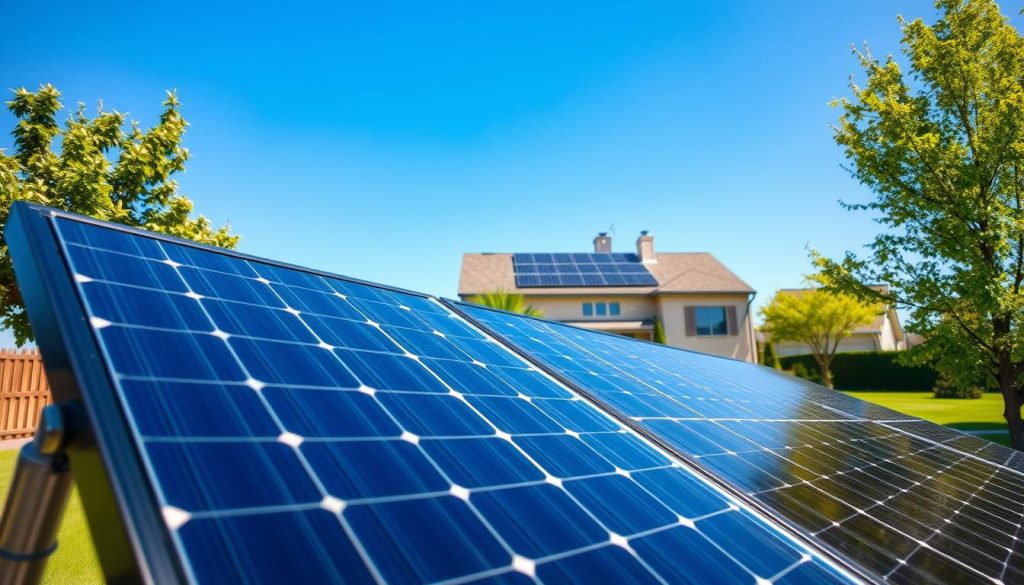 A well-designed residential solar installation, capturing the success of a seamless integration. In the foreground, a modern single-phase solar panel array stands prominently, its sleek black frames and gleaming solar cells reflecting the bright sunlight. In the middle ground, the residential property comes into view, a well-maintained home with a neatly landscaped yard. The solar panels are expertly mounted on the roof, blending harmoniously with the architectural elements. In the background, a clear blue sky provides the perfect backdrop, conveying a sense of clean, renewable energy powering the home. The scene exudes a sense of accomplishment, showcasing the successful adaptation of a single-phase solar system on a three-phase residential electrical grid.