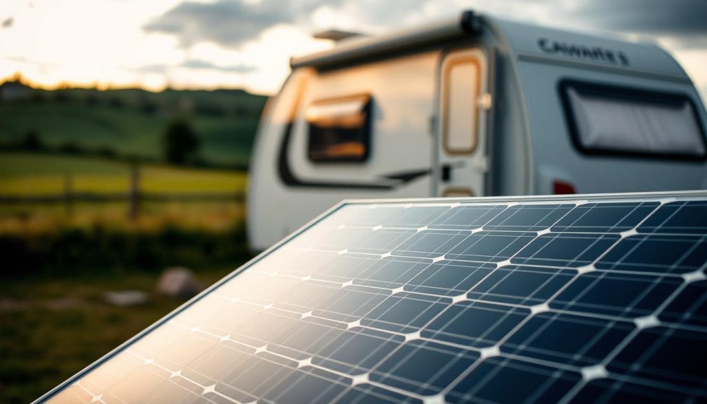 A well-lit close-up shot of a high-quality monocrystalline solar panel set against a blurred backdrop of a cozy caravan parked in a serene countryside landscape. The solar panel's sleek, modern design and its efficient solar cells should be the focal point, showcasing its suitability for powering a recreational vehicle. The image should convey a sense of thoughtful consideration and preparation for the off-grid lifestyle, with the solar panel as a key component in the setup.