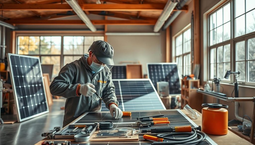 A well-lit, detailed workshop interior showcasing a solar heating system maintenance and repair scene. In the foreground, a technician in protective gear examines the inner workings of a solar panel, tools and spare parts neatly arranged on a workbench. In the middle ground, additional solar panels and piping components are visible, conveying the scale and complexity of the system. The background features large windows allowing natural light to flood the space, creating a warm, inviting atmosphere conducive to meticulous, focused work. The overall mood is one of professionalism, expertise, and a dedication to optimizing the efficiency and longevity of the solar heating solution.