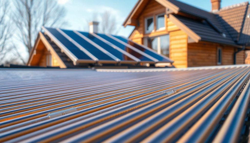 Detailed thermal solar panels for home heating. In the foreground, a close-up view of the intricate solar thermal collector, showcasing its advanced tubing and absorber plate design. In the middle ground, the solar panels are mounted on the rooftop, angled to capture maximum sunlight. The background features a cozy residential setting, with the panels seamlessly integrated into the architecture. Warm, earthy tones convey the renewable energy and sustainability of the system. Crisp, high-resolution photography highlights the technical sophistication and practical application of these thermal solar panels for efficient home heating.