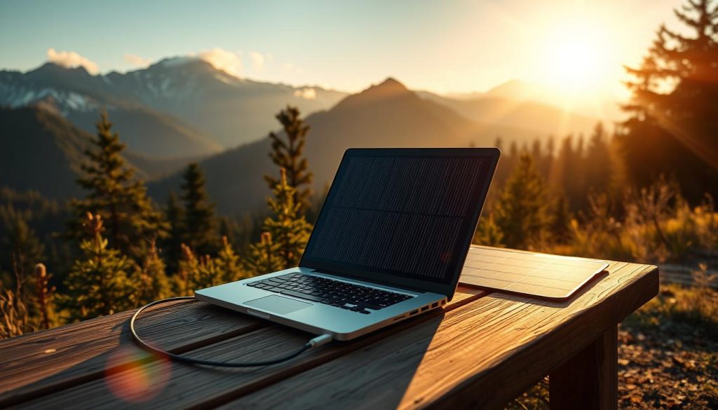 a highly detailed, photorealistic image of a solar-powered laptop computer in a natural outdoor setting, such as a scenic mountain landscape or lush forest. The laptop is placed on a wooden table or bench, with a solar panel nearby charging the device. The laptop's display is illuminated, showing it is in use. The lighting is warm and natural, with the sun's rays filtering through the surrounding vegetation. The overall scene conveys a sense of self-sufficiency and sustainable technology in harmony with the environment.