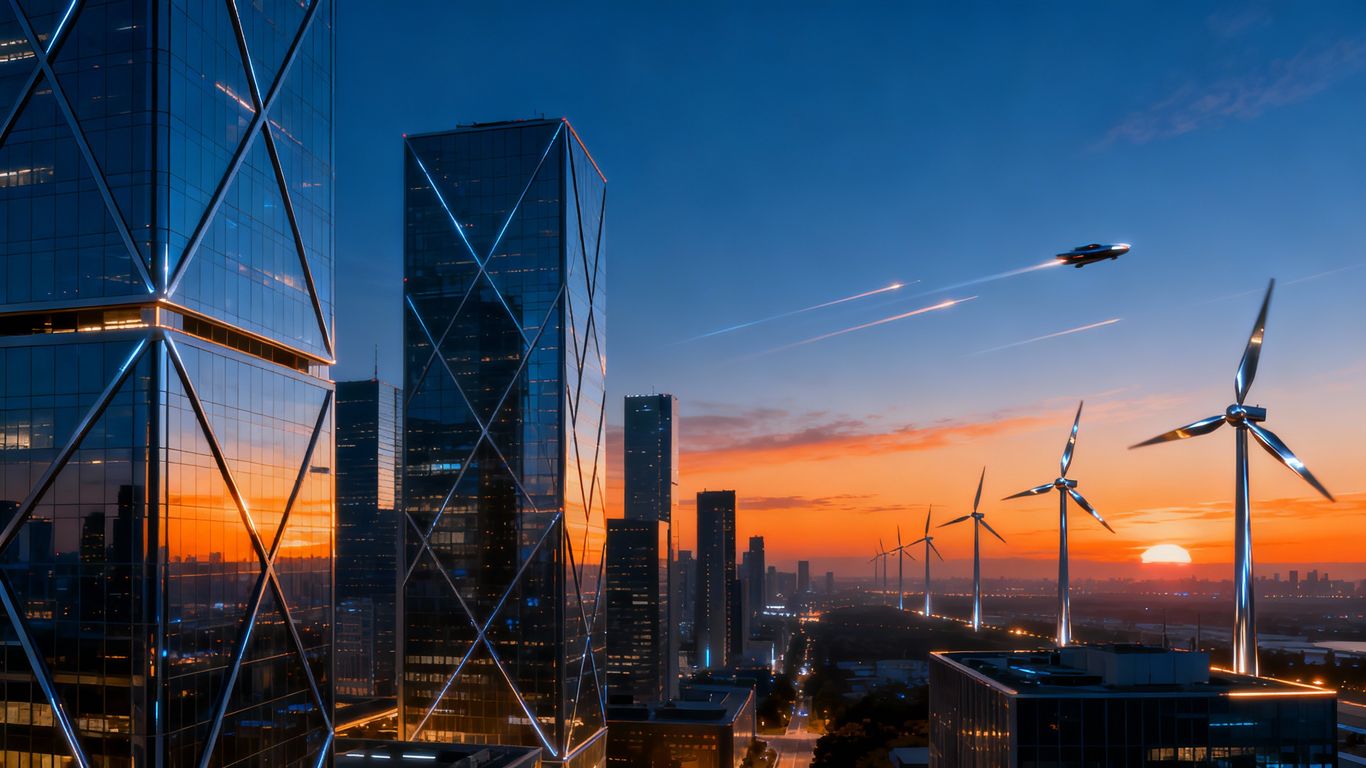 Paysage urbain futuriste des Émirats arabes unis au coucher du soleil.