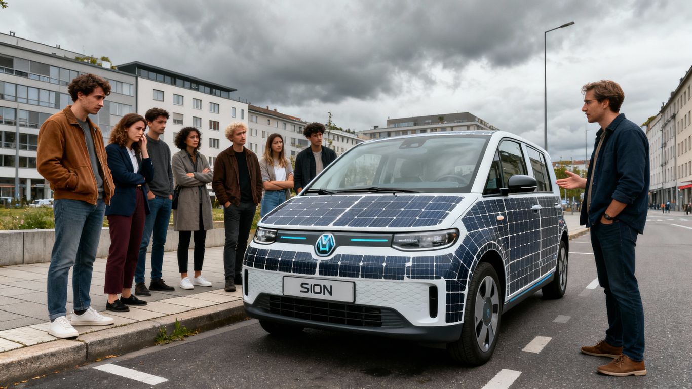 Groupe de personnes autour d'une voiture Sion stationnée.