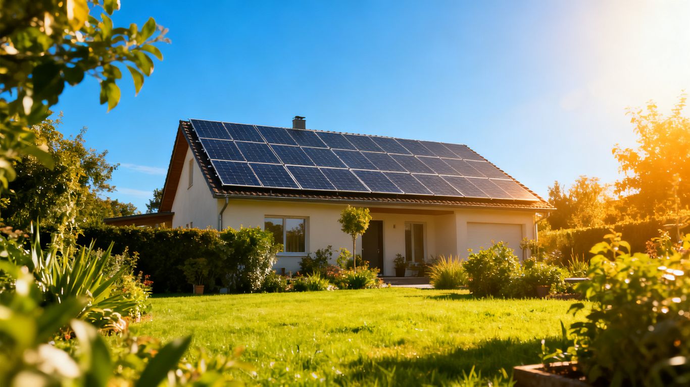 Maison avec panneaux solaires sous un ciel bleu.