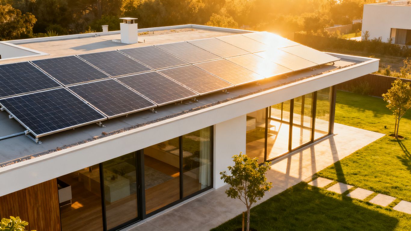 Maison avec panneaux solaires sur le toit, sous le soleil.