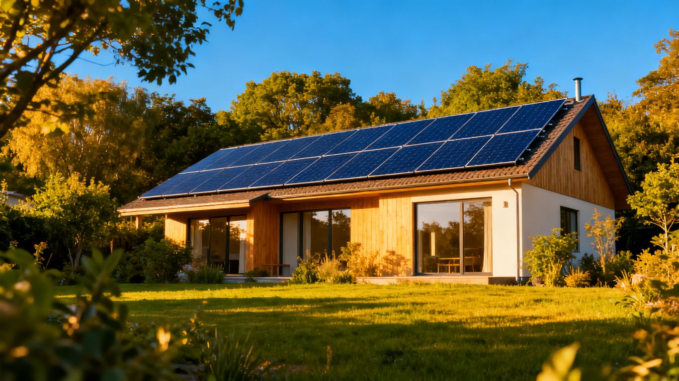 Maison autonome avec panneaux solaires sous un ciel bleu.