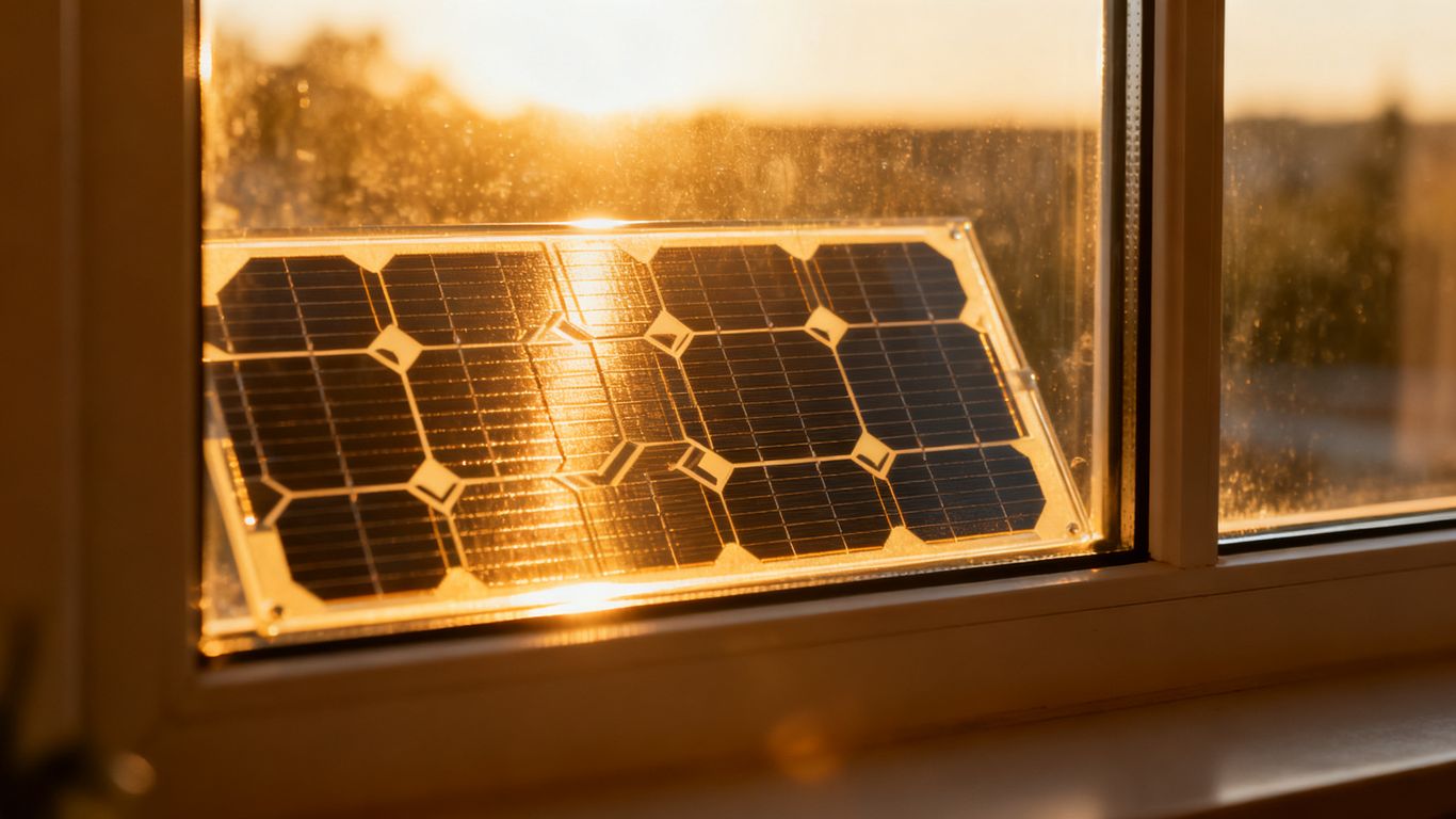 Fenêtre solaire avec cellules photovoltaïques intégrées.