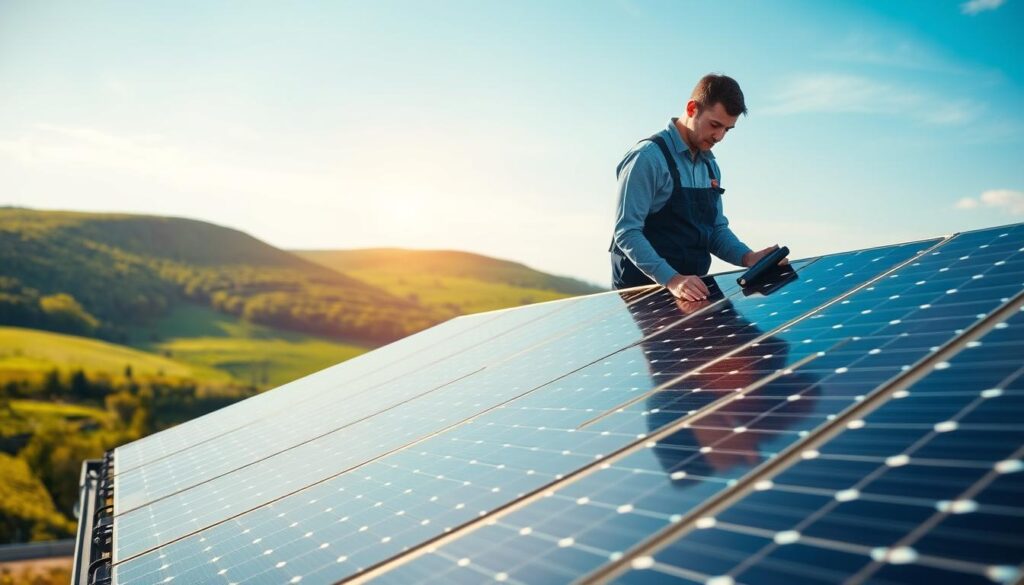 A contemporary solar heating installation located in a French countryside setting. In the foreground, a neatly arranged array of solar panels on a sloped roof of a modern house, showcasing both functionality and aesthetic appeal. In the middle ground, a technician dressed in a professional uniform, carefully inspecting the solar panel system, symbolizing expertise and best practices in installation. The background features lush green hills and a clear blue sky with soft, warm sunlight casting gentle shadows. The overall mood is one of innovation and sustainability, highlighting the transition to renewable energy solutions, with precise details on the solar panels' texture and the serene environment enhancing the focus on clean energy technology. A contemporary solar heating installation located in a French countryside setting. In the foreground, a neatly arranged array of solar panels on a sloped roof of a modern house, showcasing both functionality and aesthetic appeal. In the middle ground, a technician dressed in a professional uniform, carefully inspecting the solar panel system, symbolizing expertise and best practices in installation. The background features lush green hills and a clear blue sky with soft, warm sunlight casting gentle shadows. The overall mood is one of innovation and sustainability, highlighting the transition to renewable energy solutions, with precise details on the solar panels' texture and the serene environment enhancing the focus on clean energy technology.