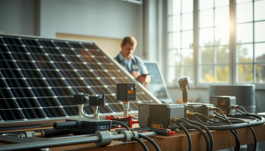 A detailed and visually striking image of a solar water heater optimization kit, prominently displayed in a well-lit environment. In the foreground, showcase the solar panels, pipes, and control systems neatly organized on a workbench. The middle area should feature a technician in professional attire examining the kit with tools in hand, reflecting a hands-on approach to optimizing solar energy usage. In the background, a window reveals a sunny outdoor setting, emphasizing the efficient use of sunlight. The lighting is bright and natural, casting soft shadows that enhance the three-dimensional quality of the tools and components. The overall mood conveys a sense of innovation and practicality in sustainable energy solutions.