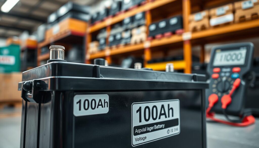 A detailed close-up image of a 100Ah battery, showcasing its robust design and technical specifications. The foreground displays the battery with visible terminals and a clear label indicating "100Ah" in bold letters. In the middle ground, include a digital multimeter measuring voltage, hinting at the battery's performance capabilities. The background features an industrial workshop setting with shelves of various battery types. The lighting is bright, highlighting the battery’s texture and material, creating a clean, professional atmosphere. Use a shallow depth of field to focus on the battery while softly blurring the background, conveying a sense of importance and clarity around the subject. A detailed close-up image of a 100Ah battery, showcasing its robust design and technical specifications. The foreground displays the battery with visible terminals and a clear label indicating "100Ah" in bold letters. In the middle ground, include a digital multimeter measuring voltage, hinting at the battery's performance capabilities. The background features an industrial workshop setting with shelves of various battery types. The lighting is bright, highlighting the battery’s texture and material, creating a clean, professional atmosphere. Use a shallow depth of field to focus on the battery while softly blurring the background, conveying a sense of importance and clarity around the subject.