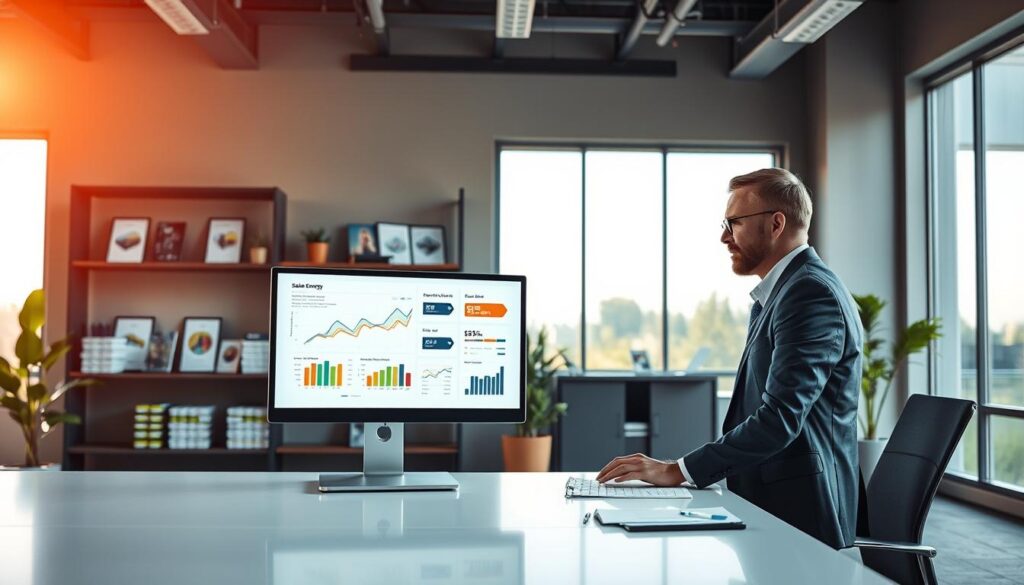 A modern office space featuring a large, sleek desk with a computer displaying graphs and data related to solar energy management. In the foreground, a professional person in business attire is analyzing the data on the screen, looking focused and engaged. The middle ground includes shelves filled with solar energy books and pamphlets, along with a potted plant for a touch of greenery. In the background, large windows allow natural light to flood into the room, illuminating the space with a warm glow. The scene conveys a sense of efficiency and professionalism in managing solar installations and billing processes. The overall atmosphere is one of productivity, innovation, and environmental consciousness, emphasizing the importance of effective space management in renewable energy. A modern office space featuring a large, sleek desk with a computer displaying graphs and data related to solar energy management. In the foreground, a professional person in business attire is analyzing the data on the screen, looking focused and engaged. The middle ground includes shelves filled with solar energy books and pamphlets, along with a potted plant for a touch of greenery. In the background, large windows allow natural light to flood into the room, illuminating the space with a warm glow. The scene conveys a sense of efficiency and professionalism in managing solar installations and billing processes. The overall atmosphere is one of productivity, innovation, and environmental consciousness, emphasizing the importance of effective space management in renewable energy.