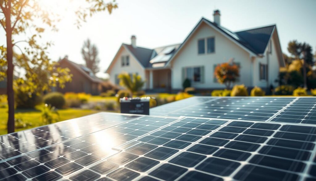 A modern solar panel kit for self-consumption, prominently displayed in the foreground, showcasing sleek solar panels glimmering under bright sunlight. The middle ground includes energy storage batteries with digital displays, highlighting their innovative technology. In the background, a picturesque house with a well-maintained garden, symbolizing sustainable living. Soft, natural lighting enhances the scene, casting gentle shadows and creating a warm, inviting atmosphere. The angle is slightly elevated, offering a comprehensive view of the solar setup, emphasizing its integration into everyday life. The mood is optimistic and forward-thinking, embodying the future of renewable energy solutions. A modern solar panel kit for self-consumption, prominently displayed in the foreground, showcasing sleek solar panels glimmering under bright sunlight. The middle ground includes energy storage batteries with digital displays, highlighting their innovative technology. In the background, a picturesque house with a well-maintained garden, symbolizing sustainable living. Soft, natural lighting enhances the scene, casting gentle shadows and creating a warm, inviting atmosphere. The angle is slightly elevated, offering a comprehensive view of the solar setup, emphasizing its integration into everyday life. The mood is optimistic and forward-thinking, embodying the future of renewable energy solutions.