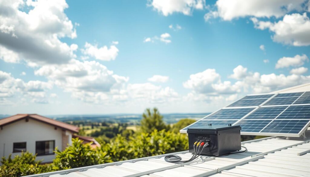 A professional installation of solar panels and a solar battery system on a modern house rooftop, showcasing the compatibility of the two. In the foreground, there is a sleek solar battery unit, connected with cables to the panels above. The middle ground features a bright blue sky filled with soft, fluffy clouds, allowing sunlight to illuminate the scene. The house has a contemporary design with large windows and green shrubs surrounding it. In the background, a distant scenic landscape is visible, hinting at a sustainable future. Use natural lighting to enhance the colors of the solar panels and battery, creating a hopeful and eco-friendly atmosphere. A shallow depth of field can add focus to the solar battery while slightly blurring the background, emphasizing the importance of renewable energy systems. A professional installation of solar panels and a solar battery system on a modern house rooftop, showcasing the compatibility of the two. In the foreground, there is a sleek solar battery unit, connected with cables to the panels above. The middle ground features a bright blue sky filled with soft, fluffy clouds, allowing sunlight to illuminate the scene. The house has a contemporary design with large windows and green shrubs surrounding it. In the background, a distant scenic landscape is visible, hinting at a sustainable future. Use natural lighting to enhance the colors of the solar panels and battery, creating a hopeful and eco-friendly atmosphere. A shallow depth of field can add focus to the solar battery while slightly blurring the background, emphasizing the importance of renewable energy systems.