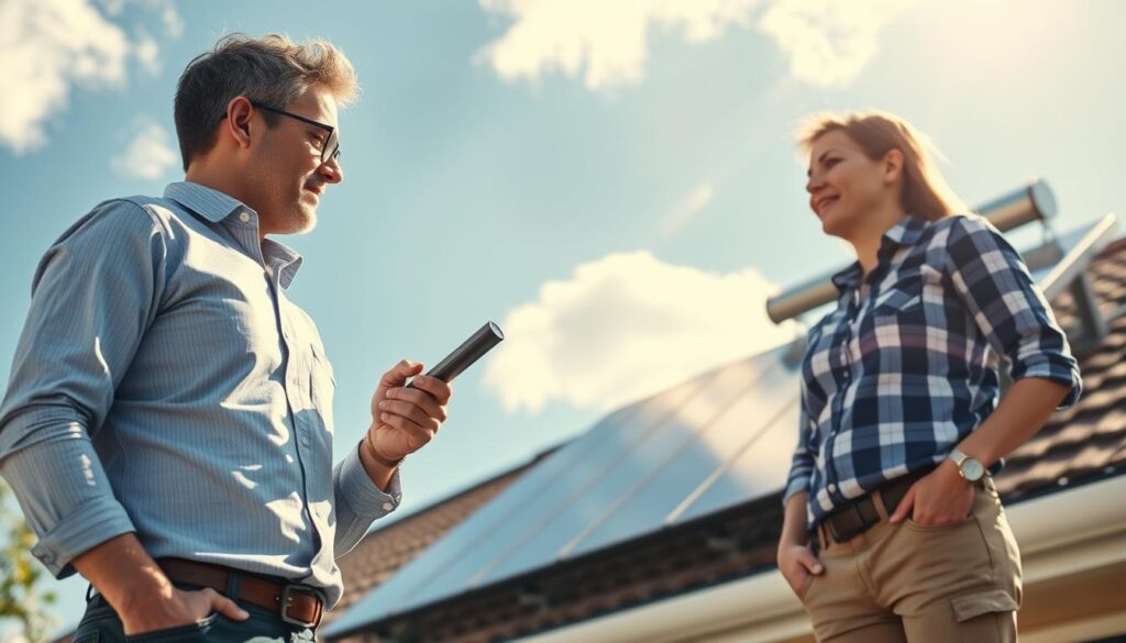 A professional setting illustrating solar water heater installation assistance. In the foreground, a knowledgeable technician in smart casual clothing, holding a tool and providing guidance to a homeowner, who appears engaged and curious. The middle ground features a sleek solar water heating system mounted on a roof, with sun rays reflecting off the panels. The background showcases a clear blue sky with a few clouds, emphasizing a bright and sunny environment, ideal for solar energy. Natural lighting enhances the scene, capturing the warmth of the sun and the professionalism of the interaction, creating a mood of optimism and support for successful installation. The angle is slightly elevated, providing a comprehensive view of both the technician and the solar installation. A professional setting illustrating solar water heater installation assistance. In the foreground, a knowledgeable technician in smart casual clothing, holding a tool and providing guidance to a homeowner, who appears engaged and curious. The middle ground features a sleek solar water heating system mounted on a roof, with sun rays reflecting off the panels. The background showcases a clear blue sky with a few clouds, emphasizing a bright and sunny environment, ideal for solar energy. Natural lighting enhances the scene, capturing the warmth of the sun and the professionalism of the interaction, creating a mood of optimism and support for successful installation. The angle is slightly elevated, providing a comprehensive view of both the technician and the solar installation.