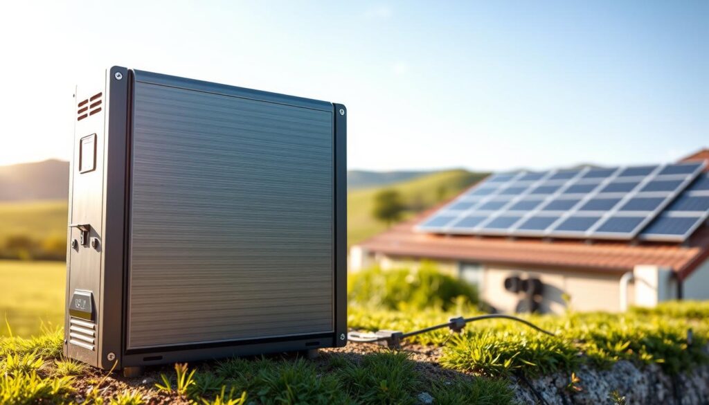 A sleek, modern solar battery system prominently displayed in the foreground, showcasing its clean lines and energy-efficient design. The battery has LED indicators glowing softly, reflecting a sense of advanced technology. In the middle ground, intelligent energy management systems and connecting cables illustrate a complete solar setup. The background features a bright, sunny landscape with solar panels installed on a roof, surrounded by green hills and a clear blue sky, conveying a sense of renewable energy in action. Soft, natural lighting enhances the scene, emphasizing the solar battery's role in sustainable energy storage. The atmosphere is hopeful and innovative, suggesting a promising future for solar technology. A sleek, modern solar battery system prominently displayed in the foreground, showcasing its clean lines and energy-efficient design. The battery has LED indicators glowing softly, reflecting a sense of advanced technology. In the middle ground, intelligent energy management systems and connecting cables illustrate a complete solar setup. The background features a bright, sunny landscape with solar panels installed on a roof, surrounded by green hills and a clear blue sky, conveying a sense of renewable energy in action. Soft, natural lighting enhances the scene, emphasizing the solar battery's role in sustainable energy storage. The atmosphere is hopeful and innovative, suggesting a promising future for solar technology.