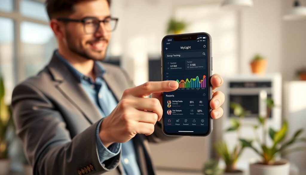 A sleek smartphone displaying the MyLight mobile application interface, showcasing an energy tracking dashboard with colorful graphs and real-time analytics. In the foreground, the phone is held by a professional-looking individual in smart casual attire, pointing at the screen with an engaged expression. The middle ground features a modern, well-lit office space with plants and a soft-focus background of energy-efficient appliances, symbolizing sustainable living. Warm, natural lighting enhances the image, creating an inviting atmosphere. Capture the scene at a slight angle to add depth, focusing on the phone's screen for clarity. Aim for a mood of innovation and modernity, reflecting the cutting-edge technology of the MyLight app. A sleek smartphone displaying the MyLight mobile application interface, showcasing an energy tracking dashboard with colorful graphs and real-time analytics. In the foreground, the phone is held by a professional-looking individual in smart casual attire, pointing at the screen with an engaged expression. The middle ground features a modern, well-lit office space with plants and a soft-focus background of energy-efficient appliances, symbolizing sustainable living. Warm, natural lighting enhances the image, creating an inviting atmosphere. Capture the scene at a slight angle to add depth, focusing on the phone's screen for clarity. Aim for a mood of innovation and modernity, reflecting the cutting-edge technology of the MyLight app.