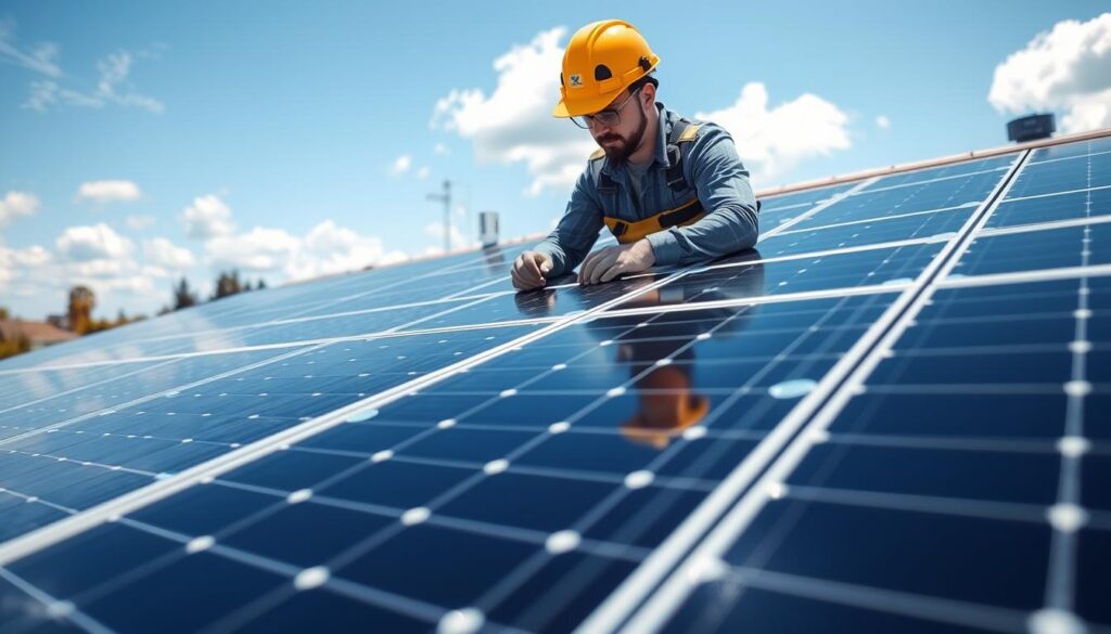 A detailed view of a SolarEdge solar panel installation on a modern home rooftop. In the foreground, showcase sleek, black solar panels arranged in a uniform grid pattern, reflecting sunlight. In the middle ground, include a qualified technician wearing a safety helmet and work attire, actively adjusting the solar panel connections, looking focused and professional. The background features a clear blue sky with soft, fluffy clouds and a glimpse of a neighborhood with trees. The lighting is bright and natural, emphasizing the technology while creating a positive and efficient atmosphere. Capture the scene from a slightly elevated angle to provide depth, highlighting the integration of solar technology with residential architecture.