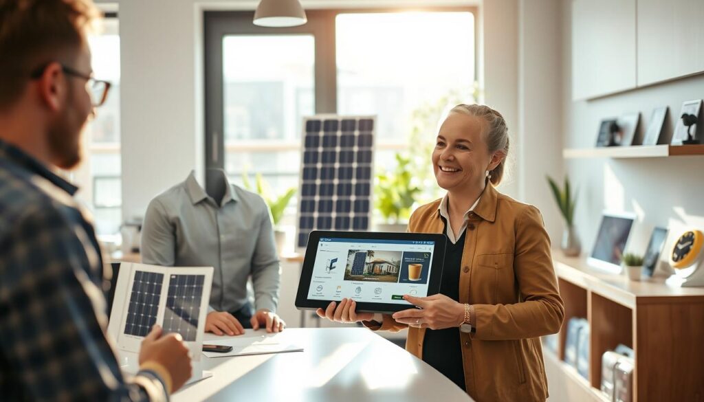 A modern and inviting customer service environment for Solarchoc, focusing on solar energy solutions. In the foreground, a friendly customer service agent, dressed professionally, is engaging with a satisfied customer, showcasing a solar panel. The agent is gesturing towards a digital tablet displaying solar installation options. In the middle, a bright, well-organized service desk with solar product brochures and models. The background features a window with sunlight streaming in, illuminating plants and solar panels outside, symbolizing sustainability. The overall atmosphere is warm and welcoming, evoking a sense of trust and support, with soft, natural lighting enhancing the scene. Shot with a slight depth of field to emphasize the interaction while the background remains subtly blurred.
